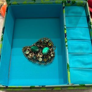 Vintage Gold and Green Brooch, Made in Austria , Filigree Pin with Rhinestones